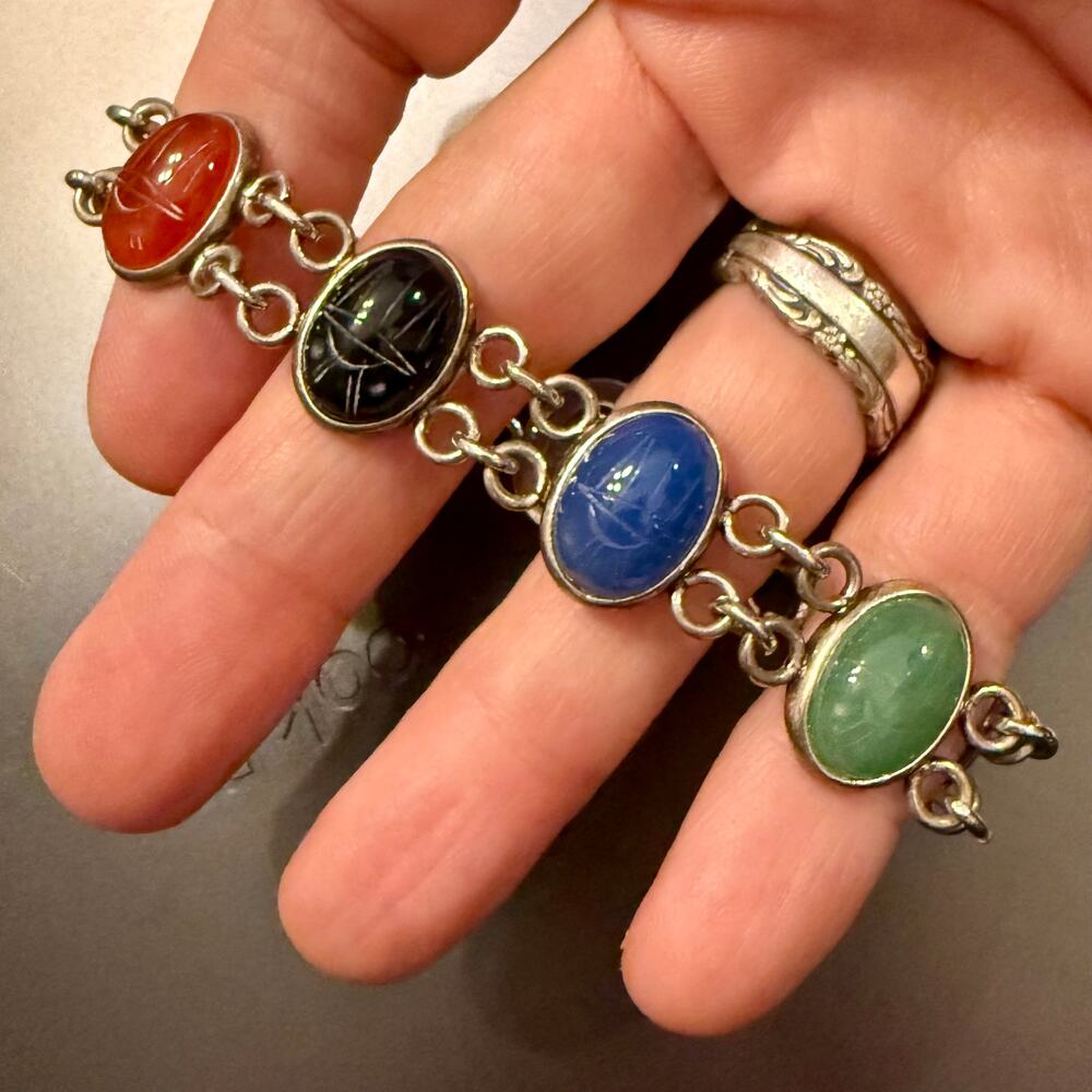 Vintage Gemstone Sterling Silver Egyptian Scarab Bracelet - Picture 4 of 9